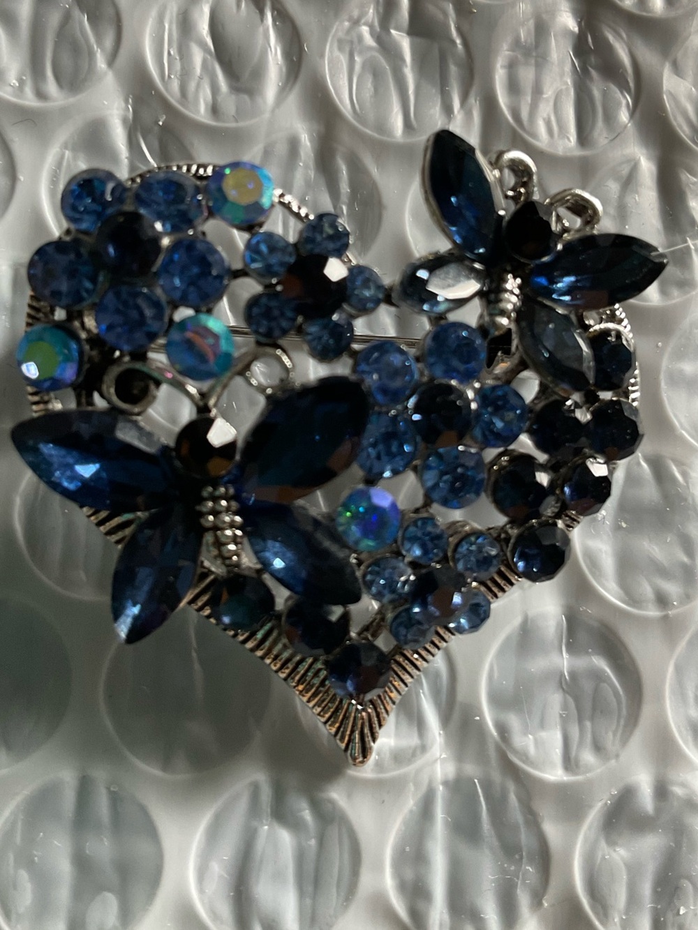 Blue Crystal Heart and Butterfly Brooch - Elegant Women's Jewelry